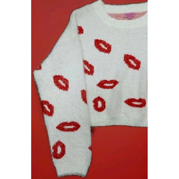 Mi Ami for Francesca’s Lip Print Cropped Sweater Women’s L White Red Fuzzy Y2K - Picture 2 of 8